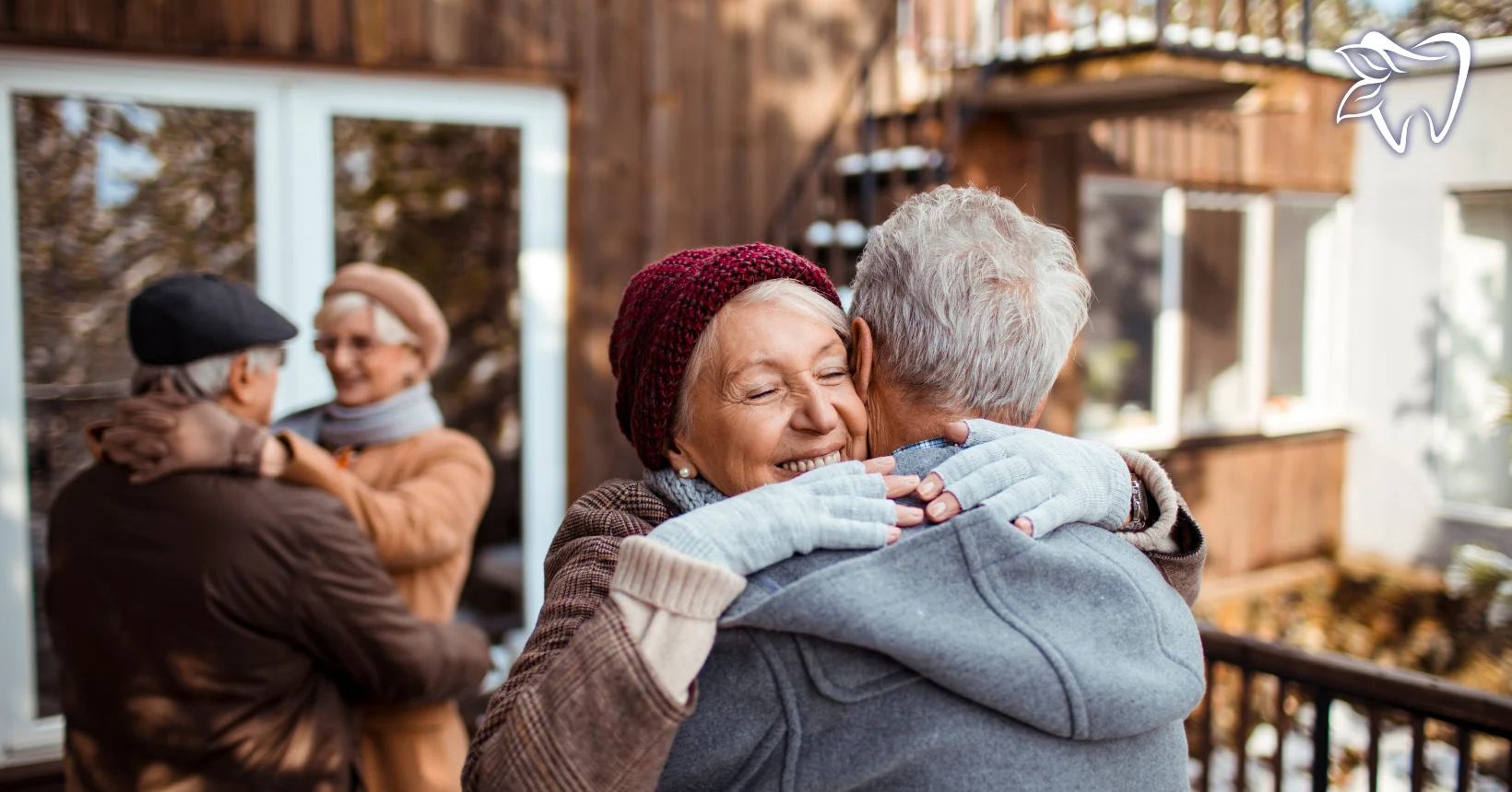Elderly couple hugging in outdoor settings